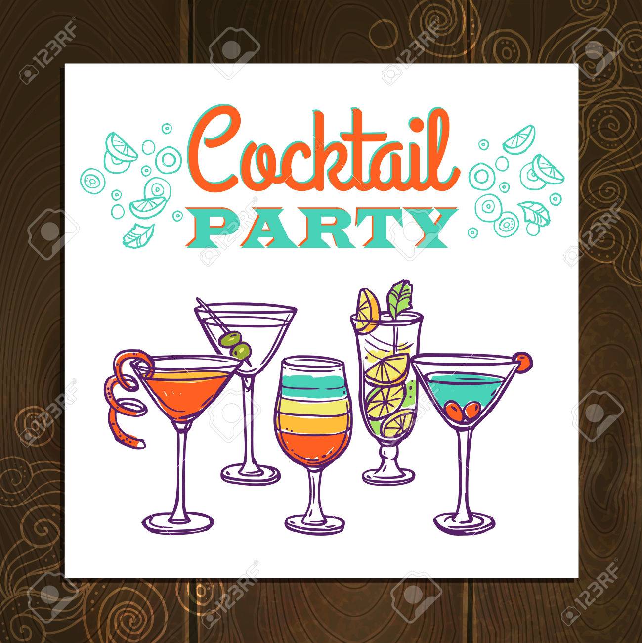 cocktail party invitation poster with hand drawn alcohol drinks