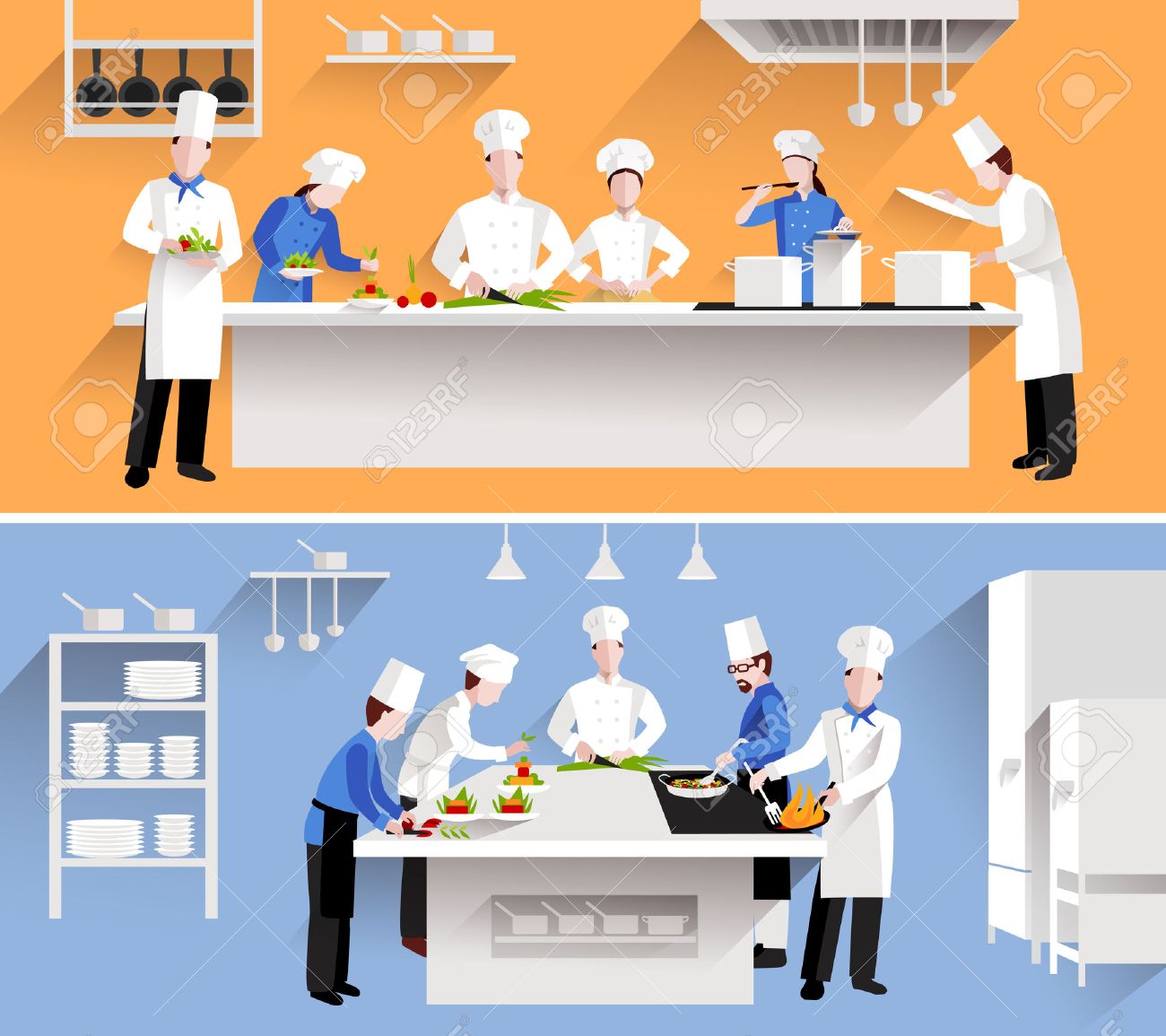 Restaurant Kitchen Illustration cooking process with chef figures at the table in restaurant Restaurant Kitchen Illustration cooking process with chef figures at the table in restaurant