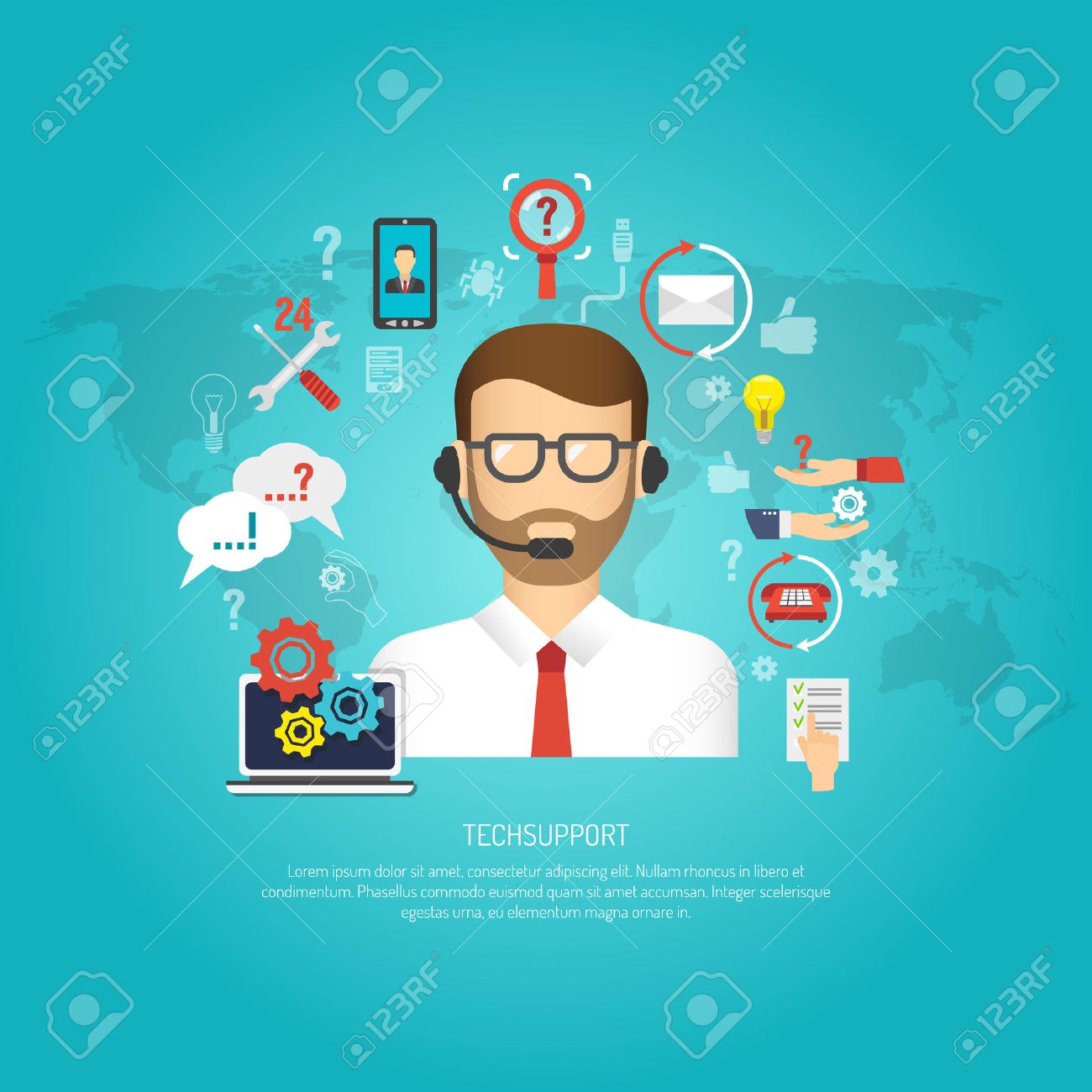 Tech support concept with male operator and customer service symbols flat vector illustration - 40458719 Tech support concept with male operator and customer service symbols flat vector illustration - 40458719