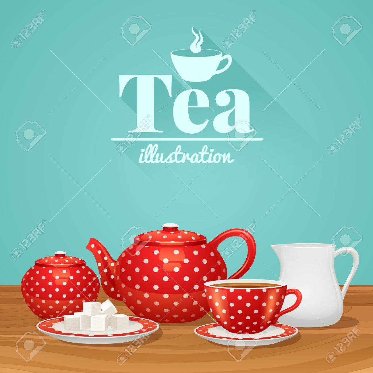 Red Polka Dot Tea Pottery Set With Teapot Cup Saucer Vector