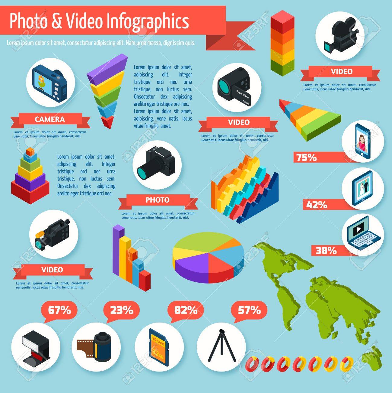 photo and video infographics set with photography equipment and photography charts