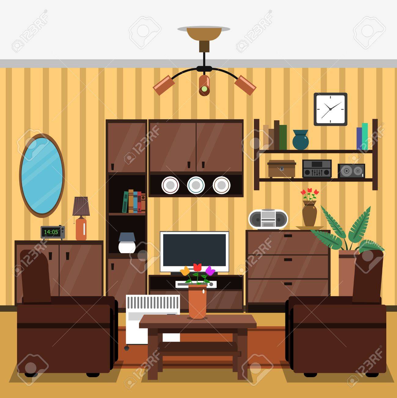 部屋のインテリア コンセプトを屋内でフラット生活家具アイコン ベクトル イラスト のイラスト素材 ベクタ Image
