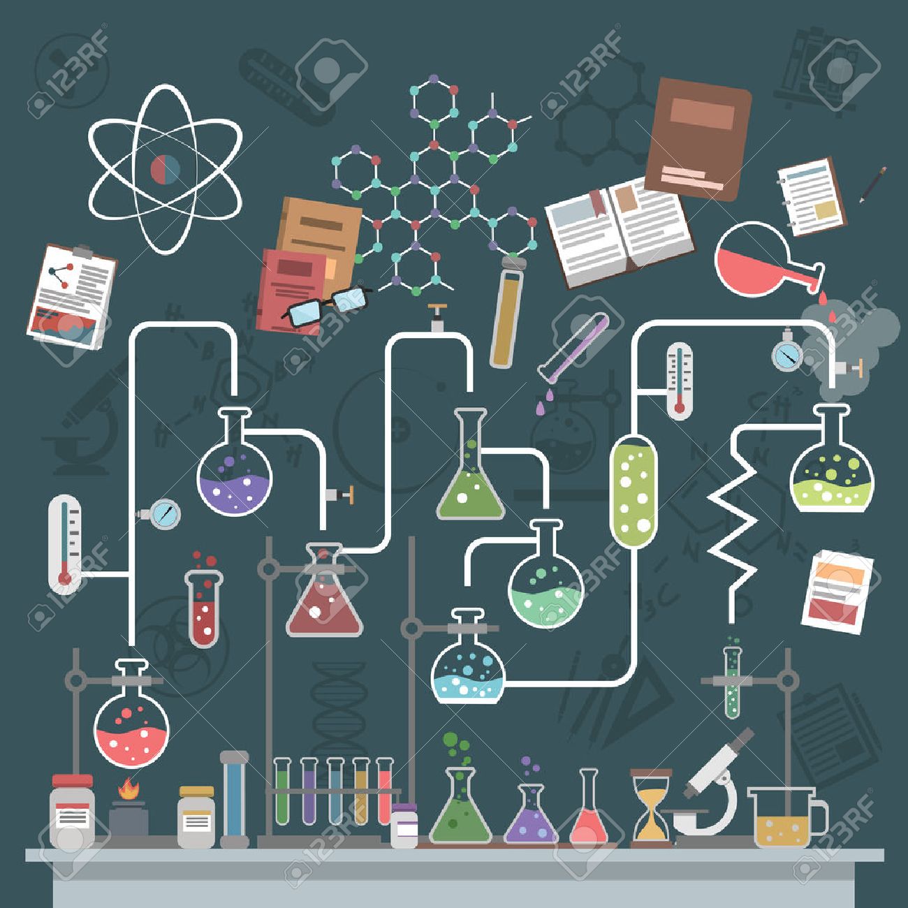 Science lab concept with flat flasks and physics symbols vector illustration - 41533886 Science lab concept with flat flasks and physics symbols vector illustration - 41533886