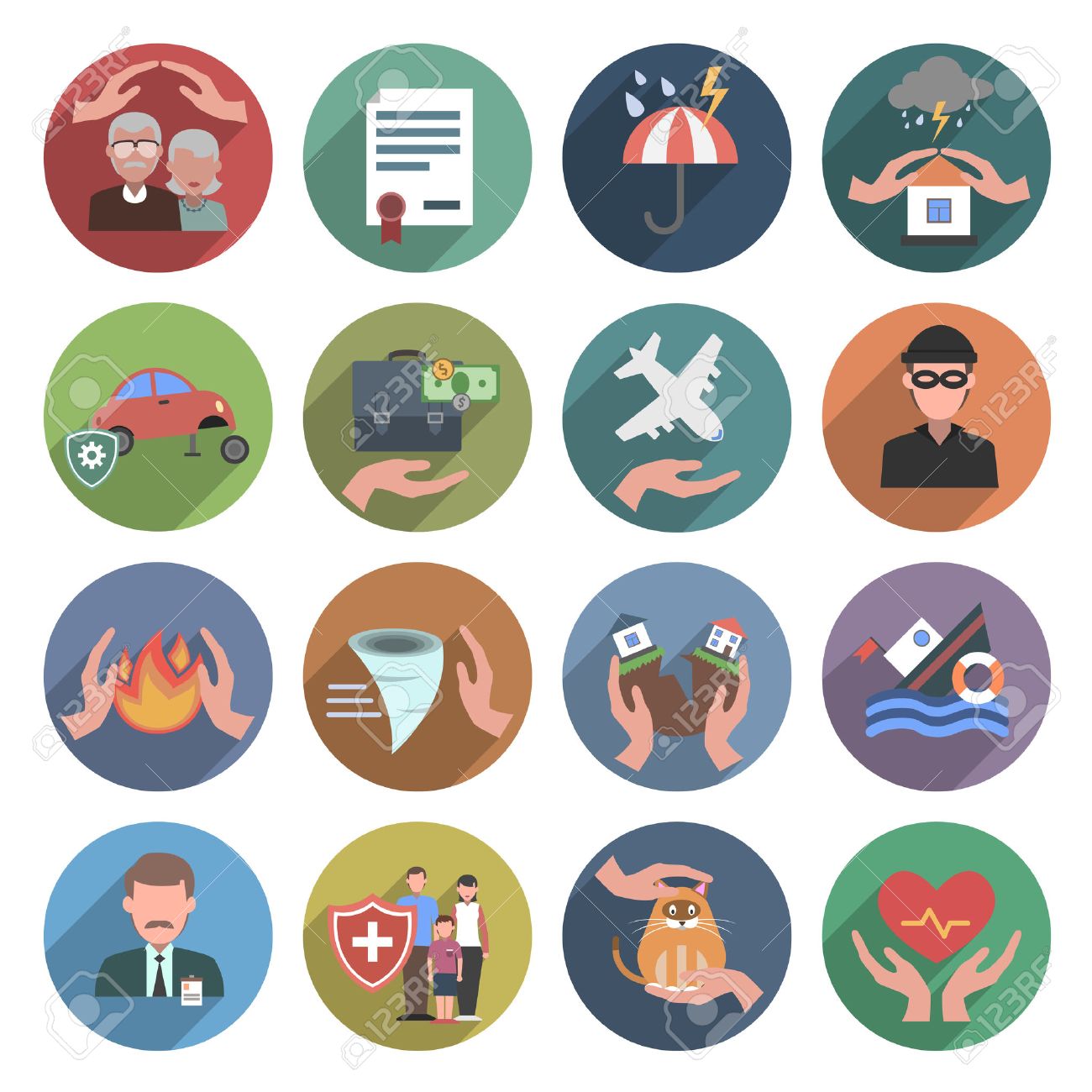Insurance icons flat set with natural disasters health and property protection symbols isolated vector illustration - 41536934 Insurance icons flat set with natural disasters health and property protection symbols isolated vector illustration - 41536934