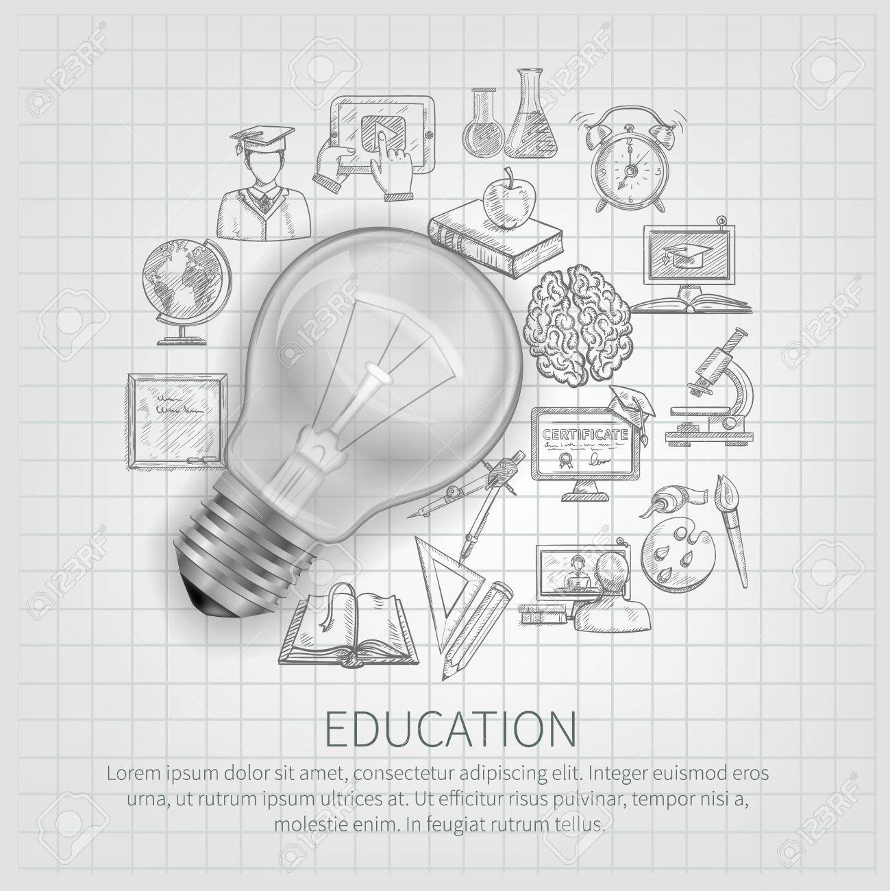 education concept with learning sketch icons and realistic lightbulb