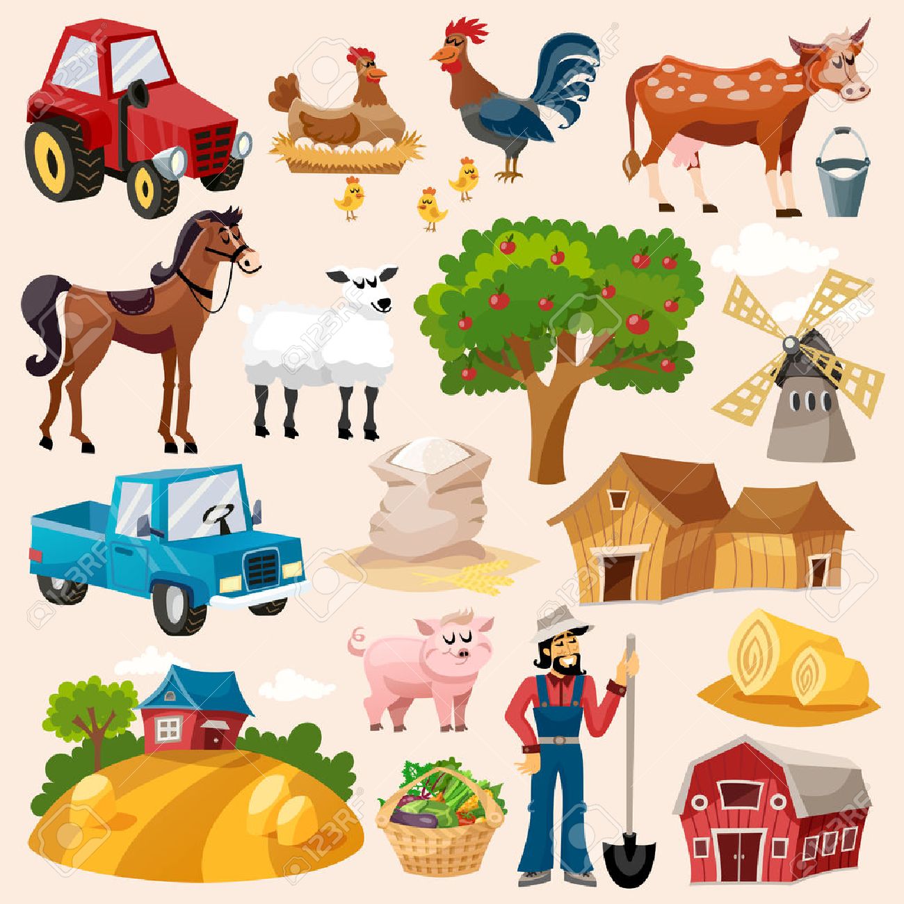 Farm decorative icon set with windmill cow pig and farmer cartoon isolated vector illustration - 42462388 Farm decorative icon set with windmill cow pig and farmer cartoon isolated vector illustration - 42462388