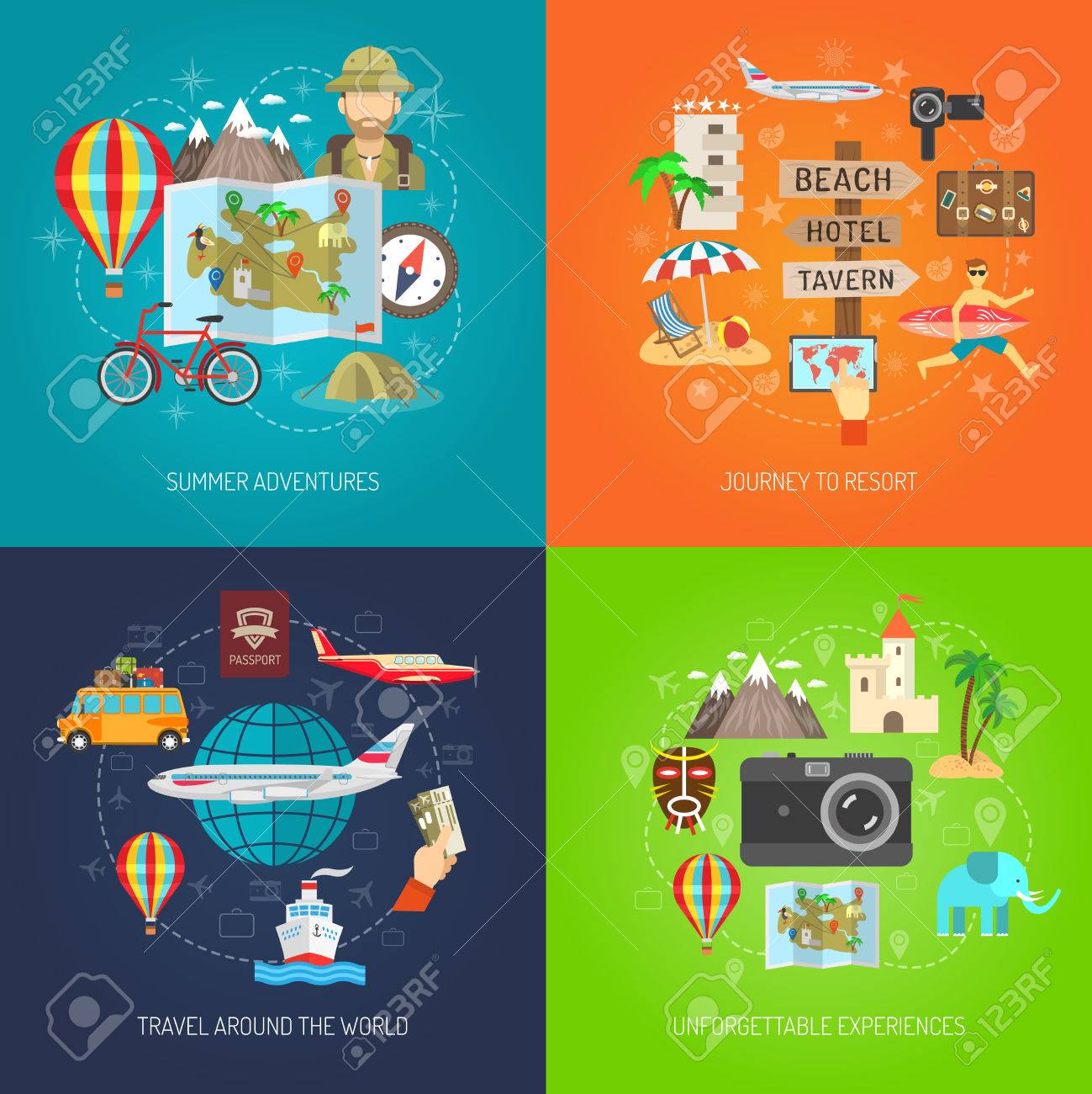 Summer adventure journey to resort and travel around world flat color decorative icon set isolated vector illustration - 42623905 Summer adventure journey to resort and travel around world flat color decorative icon set isolated vector illustration - 42623905