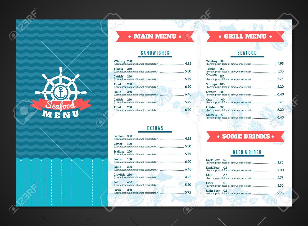 seafood restaurant menu template with fish and sea animals dishes