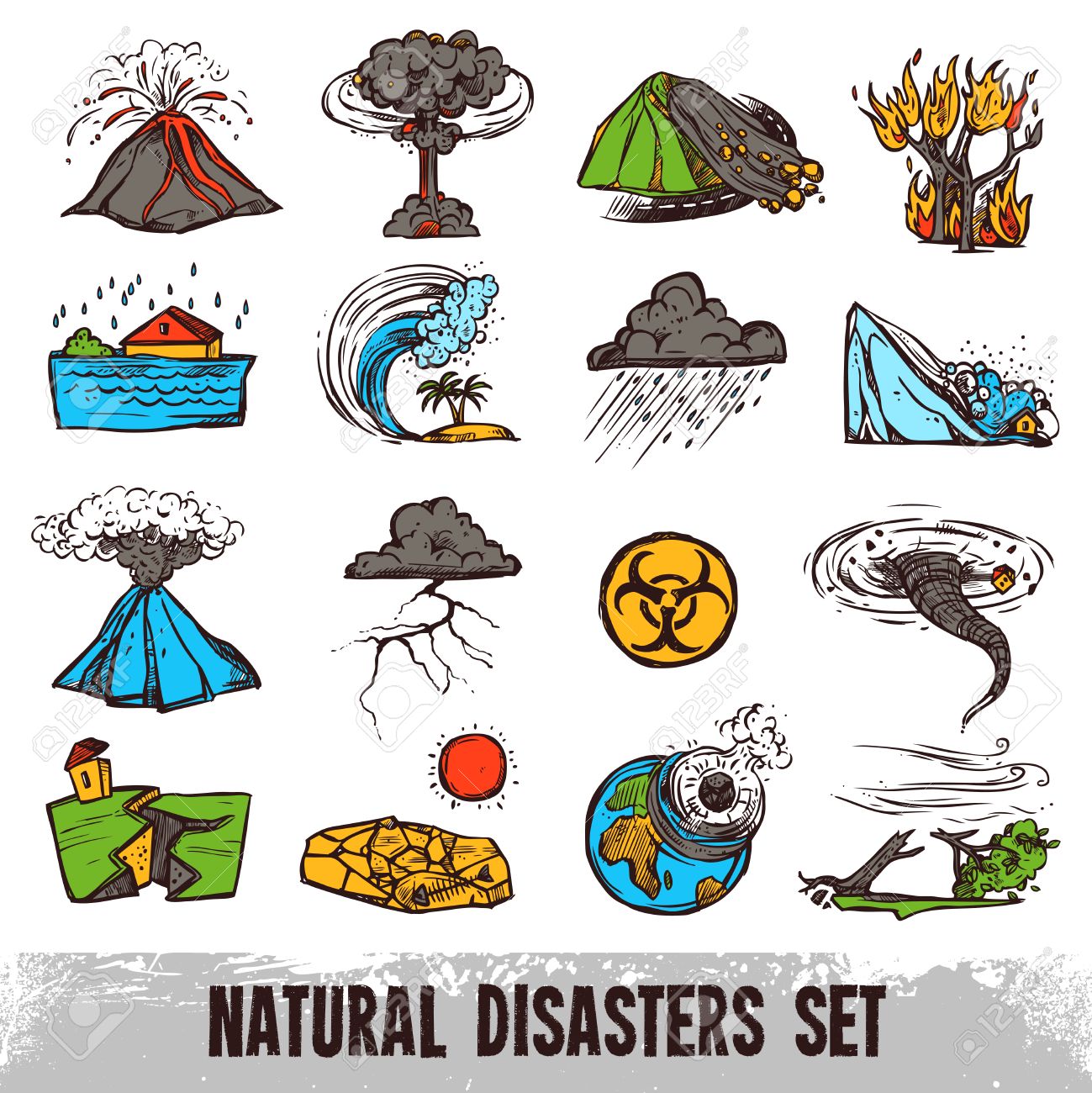 Natural Disasters Color Sketch Set With Hurricane Tornado And