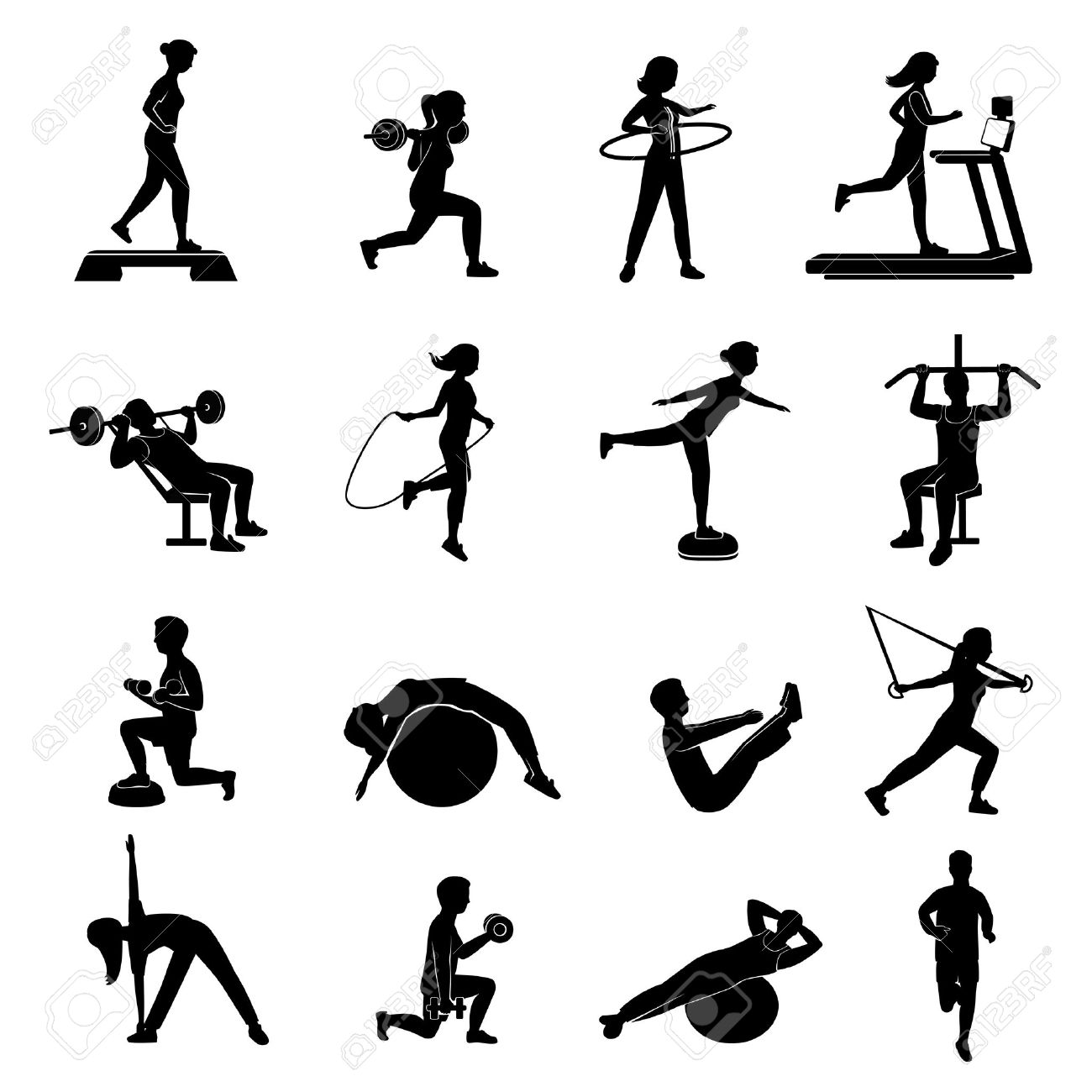 Fitness Cardio Workout And Body Shaping Exercise With Aerobic Equipment Black Icons Set Abstract Isolated Vector Illustration Royalty Free Cliparts Vectors And Stock Illustration Image 44389317