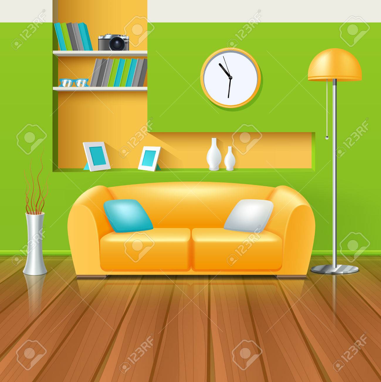 Modern Interior In Green Yellow Color Range Design With Sofa Royalty Free Cliparts Vectors And Stock Illustration Image 44389659