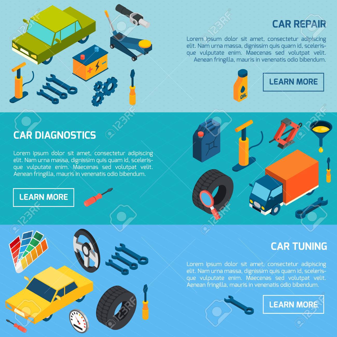 車の診断を修復し 孤立したベクトル図を設定チューニング パーツと消耗品等尺性の水平方向のバナーのイラスト素材 ベクタ Image