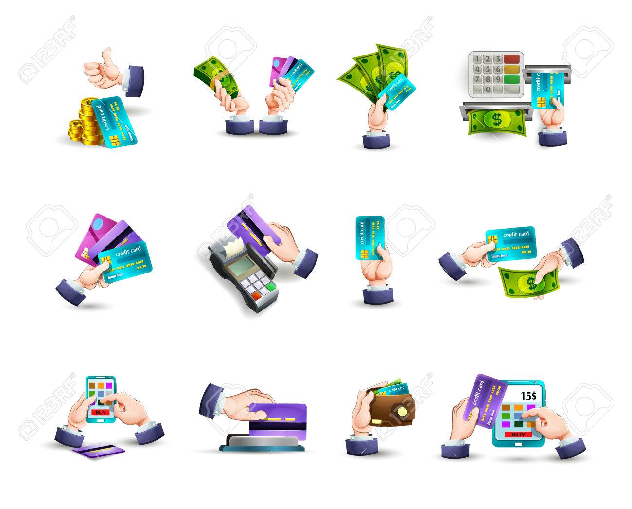 手概念電子マネーとクレジット カード絵文字コレクション抽象的なオンライン支払いオプション ベクトル分離イラストのイラスト素材・ベクター Image  44437400