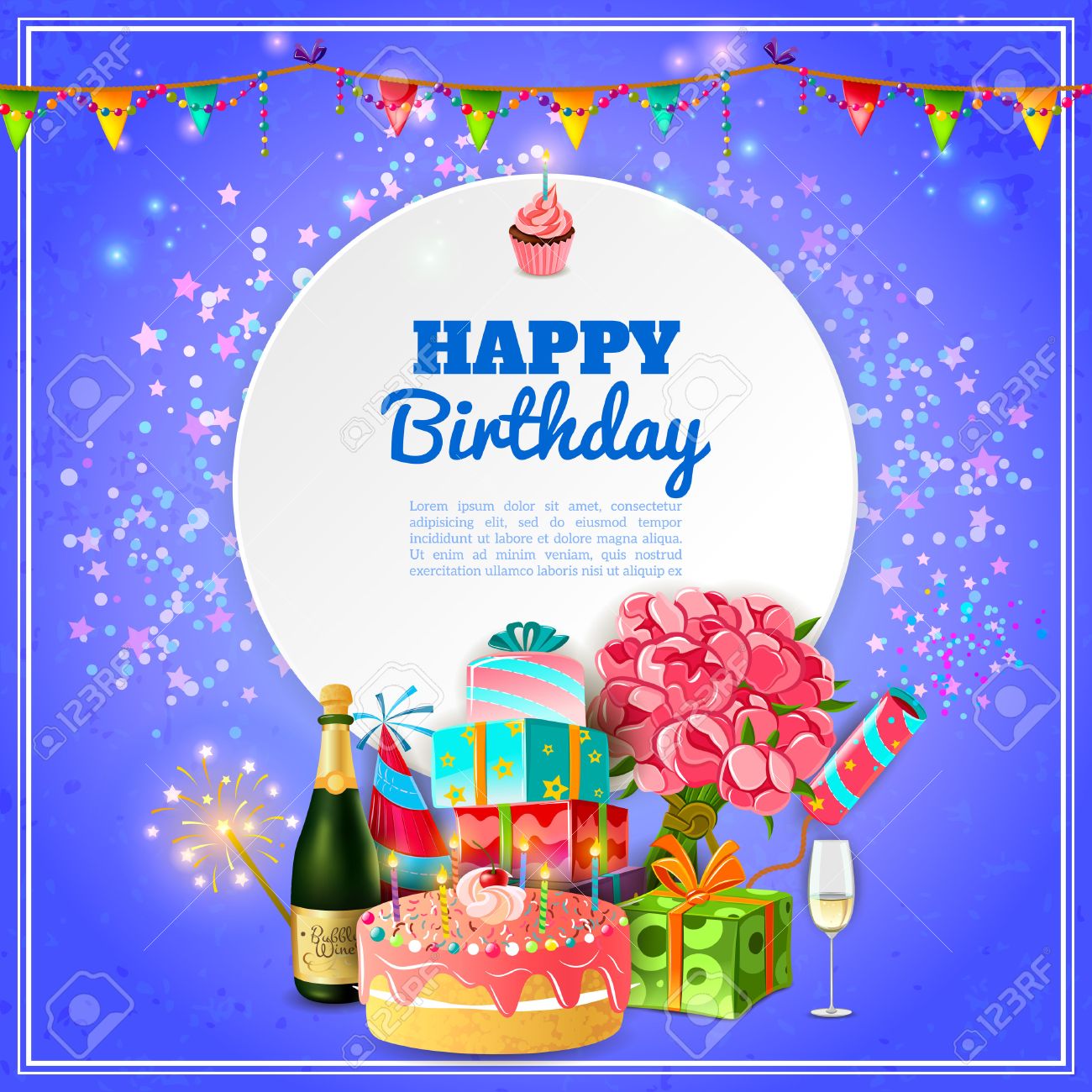 Happy Birthday Party Template For Background Or Invitation Card With Cake  Champagne And Decorations Abstract Vector Illustration Royalty Free SVG,  Cliparts, Vectors, And Stock Illustration. Image 45347913.