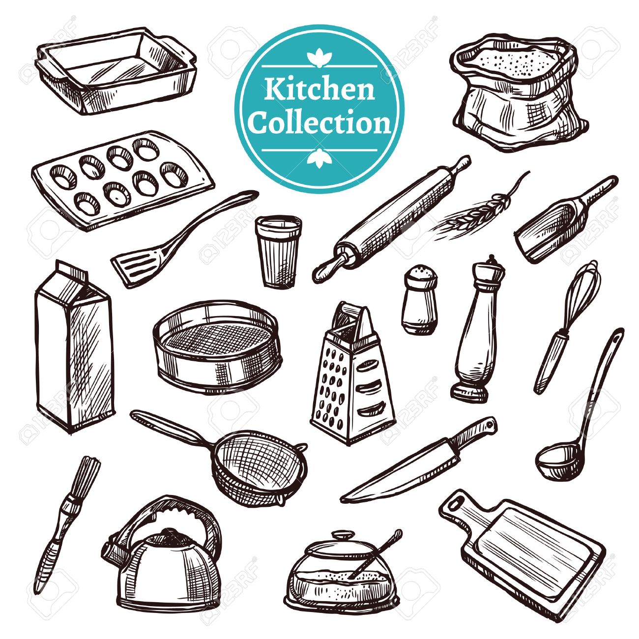 Baking stuff and retro kitchen equipment hand drawn set isolated vector illustration - 45351765 Baking stuff and retro kitchen equipment hand drawn set isolated vector illustration - 45351765