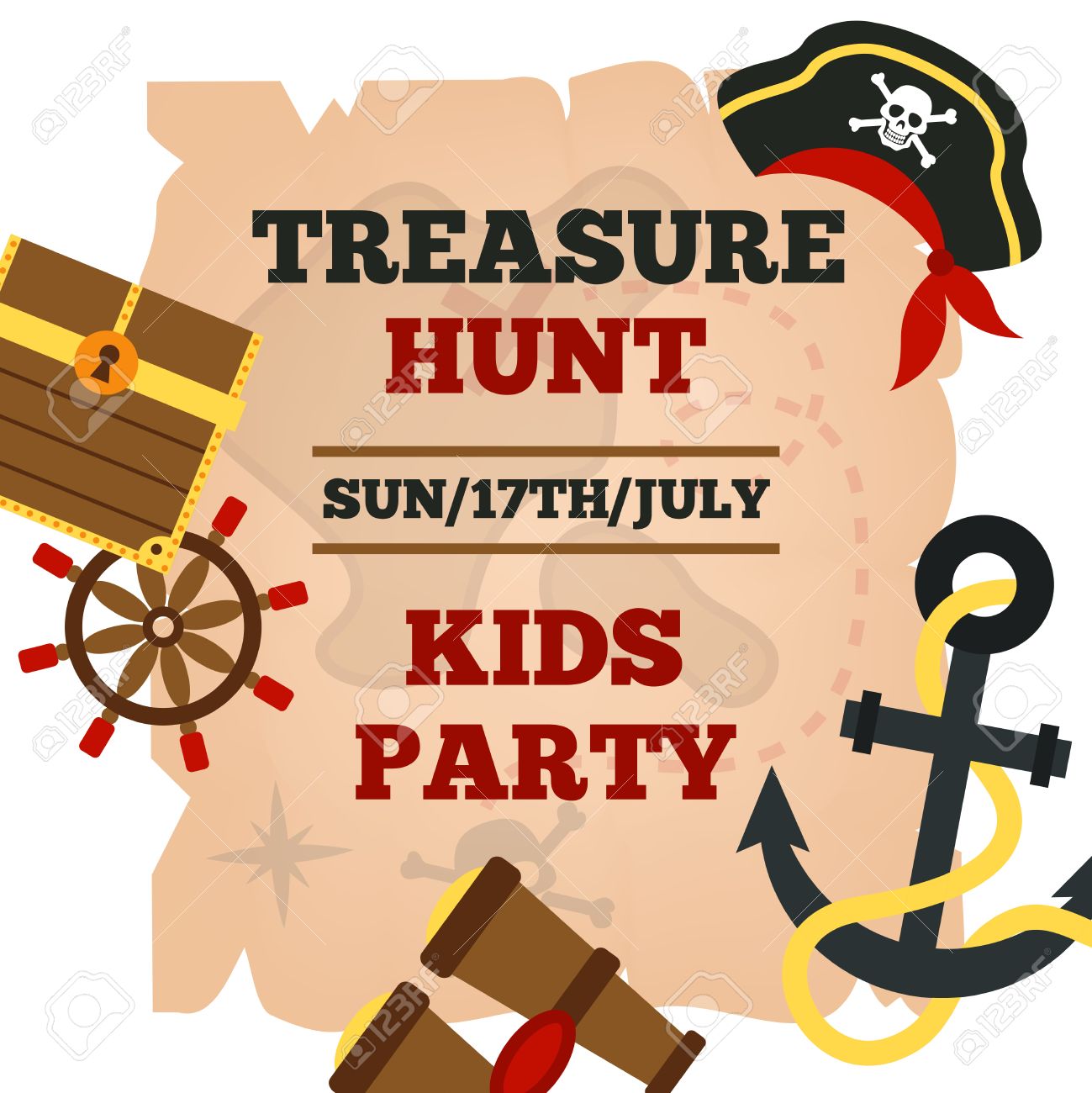 pirates hunt for treasure adventures kids party announcement