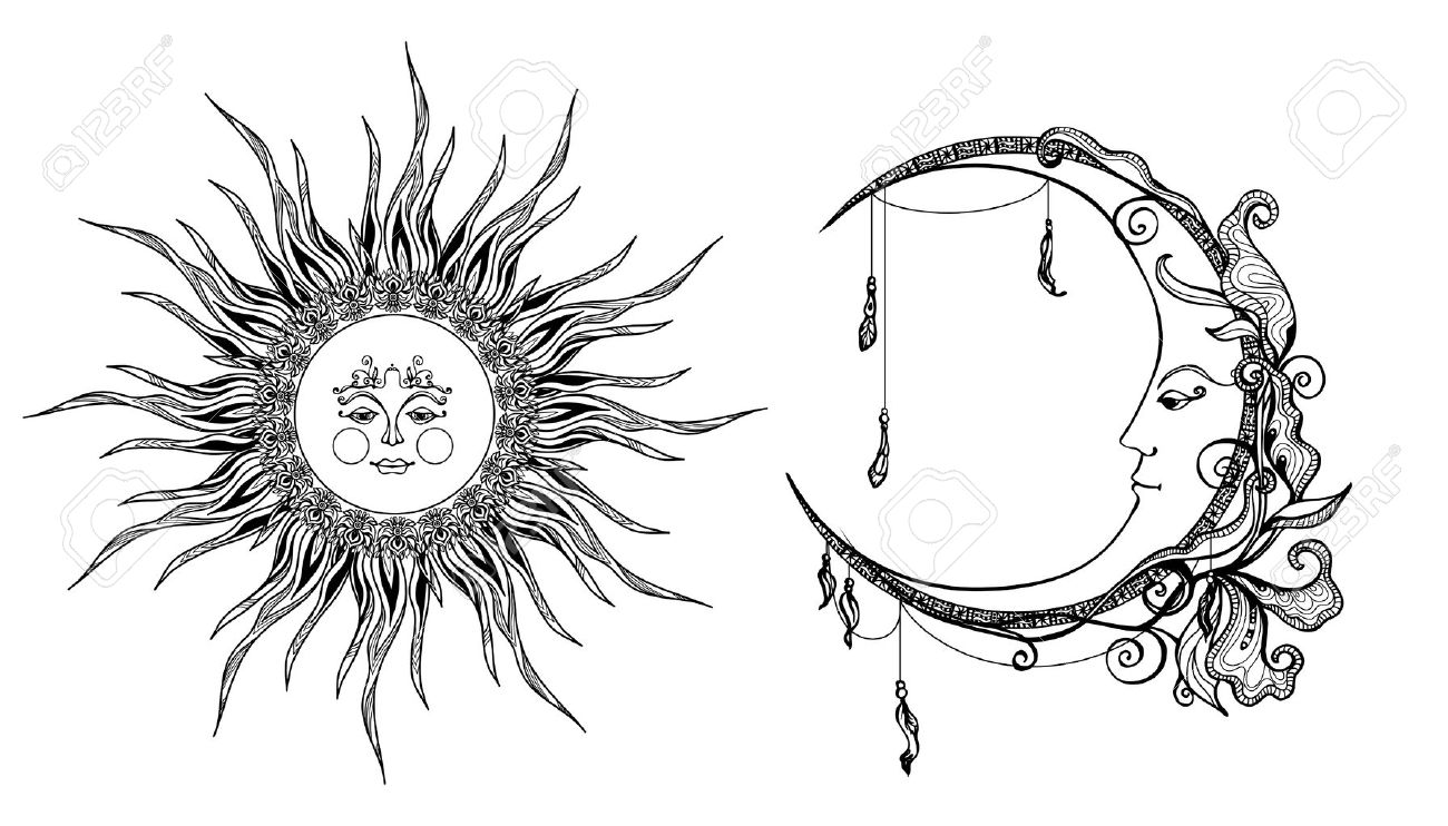 Le Soleil Et La Lune Décoratif Avec Anthropomorphique Main Visage Dessiné Isolé Illustration Vectorielle