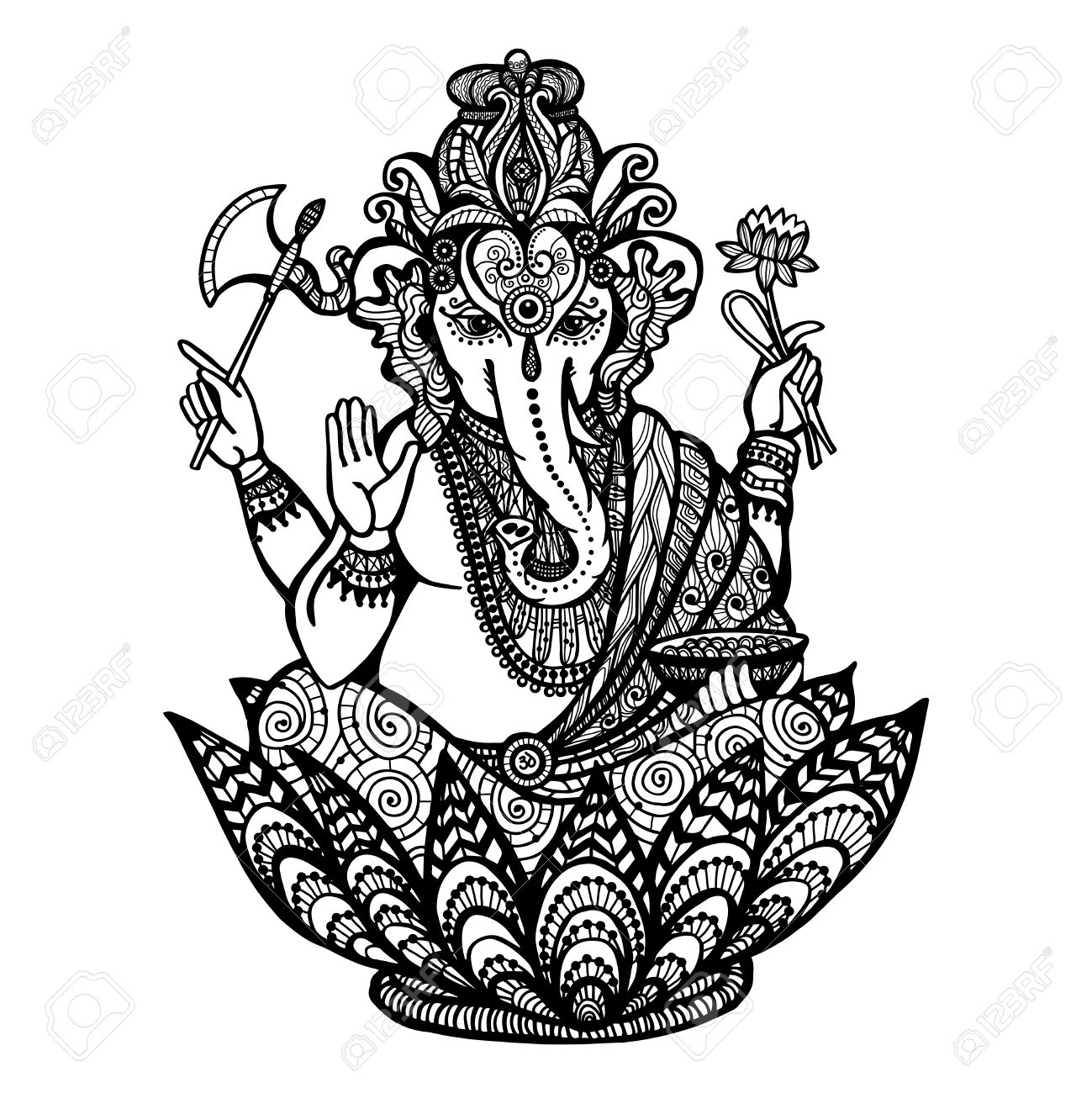 Ganesha Décoratif Dieu Hindou Assis Dans La Fleur De Lotus Dessinés à La Main Illustration Vectorielle