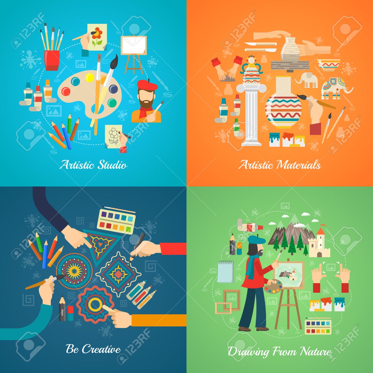 アーティスト デザイン コンセプト アート ツールや材料フラット アイコン分離ベクトル イラスト入り のイラスト素材 ベクタ Image