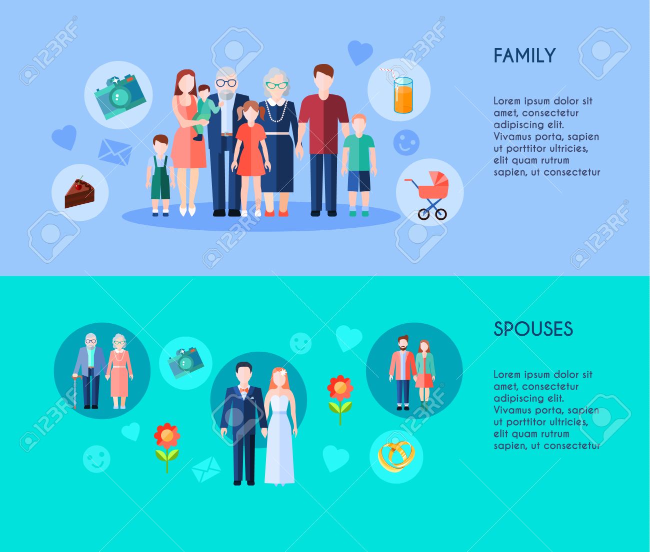 世代の異なるメンバーと Vaus 年齢配偶者フラット ベクトル図と拡大家族の 2 つの水平方向のバナー のイラスト素材 ベクタ Image