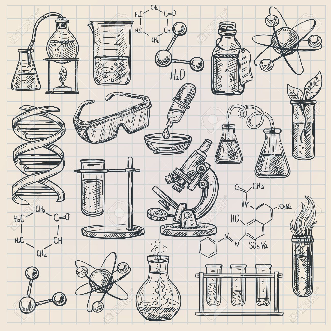 Chemistry icon in doodle style with burner flask dna structure and formulas of organic substances isolated vector illustration - 49541067 Chemistry icon in doodle style with burner flask dna structure and formulas of organic substances isolated vector illustration - 49541067