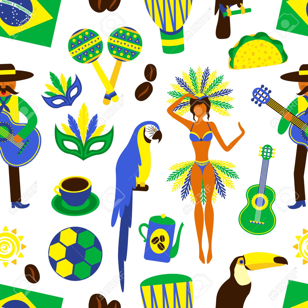 サッカー カーニバル コーヒー ブラジル シームレス パターン オウム サンバ ギター ベクトル図 のイラスト素材 ベクタ Image