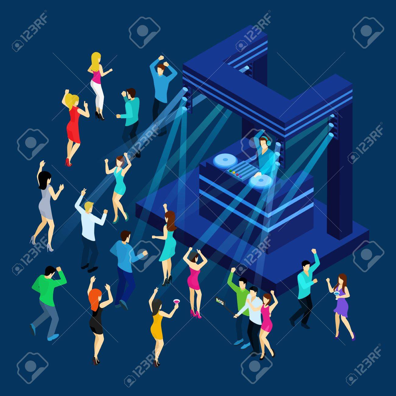 ダンス フロア Dj 音楽と光の等尺性ベクトル イラストで踊る人々のイラスト素材 ベクタ Image