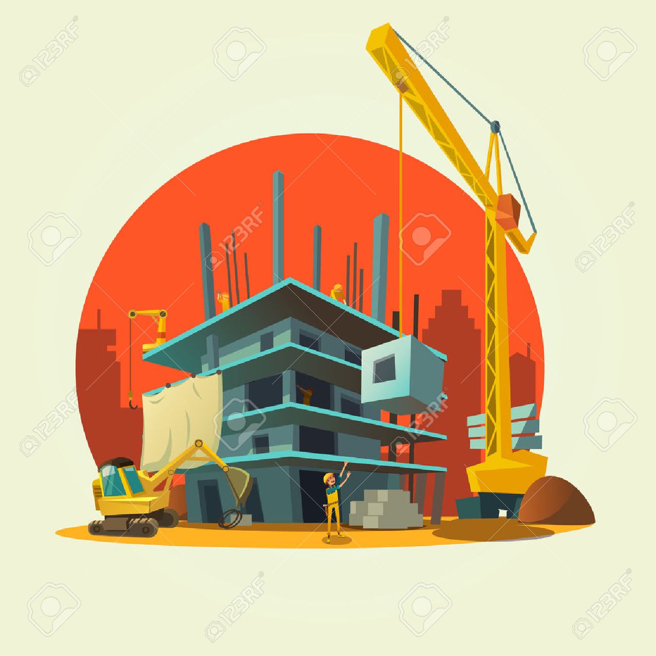 Construction concept with retro style concept workers and machines building house cartoon vector illustration - 50340884 Construction concept with retro style concept workers and machines building house cartoon vector illustration - 50340884