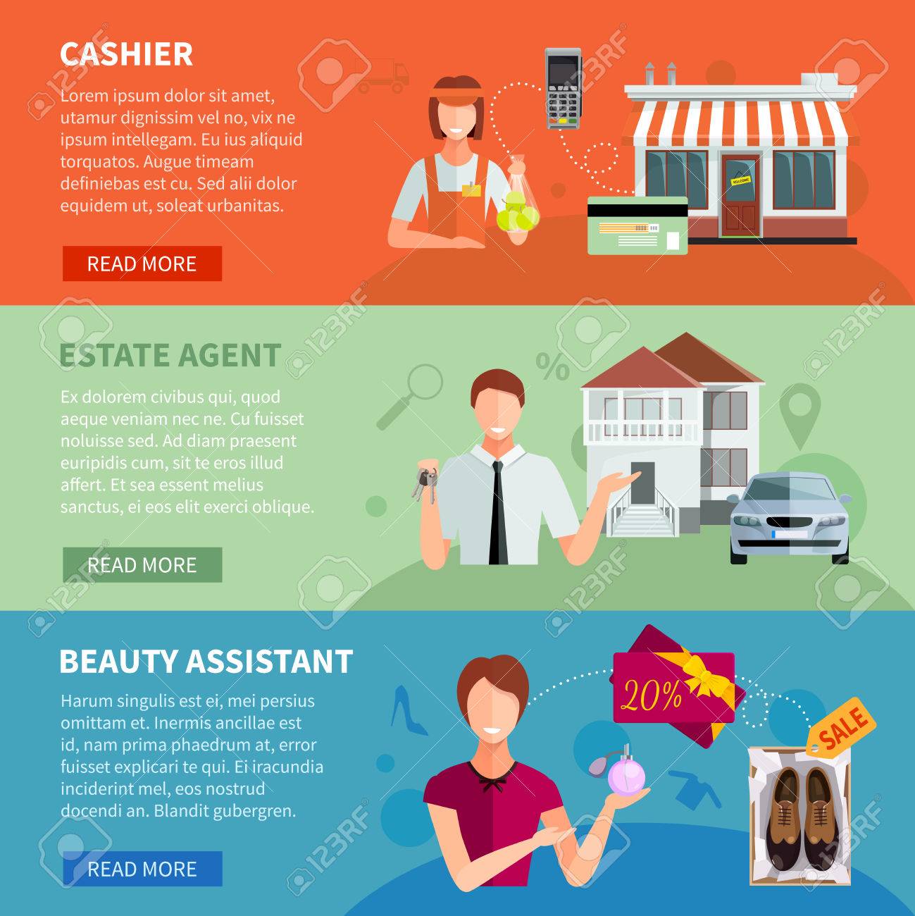 セールスマン水平バナー車現金レジスタ Estate Agent と靴割引ベクトル図とアシスタントと一緒にレジのセット のイラスト素材 ベクタ Image 50703942