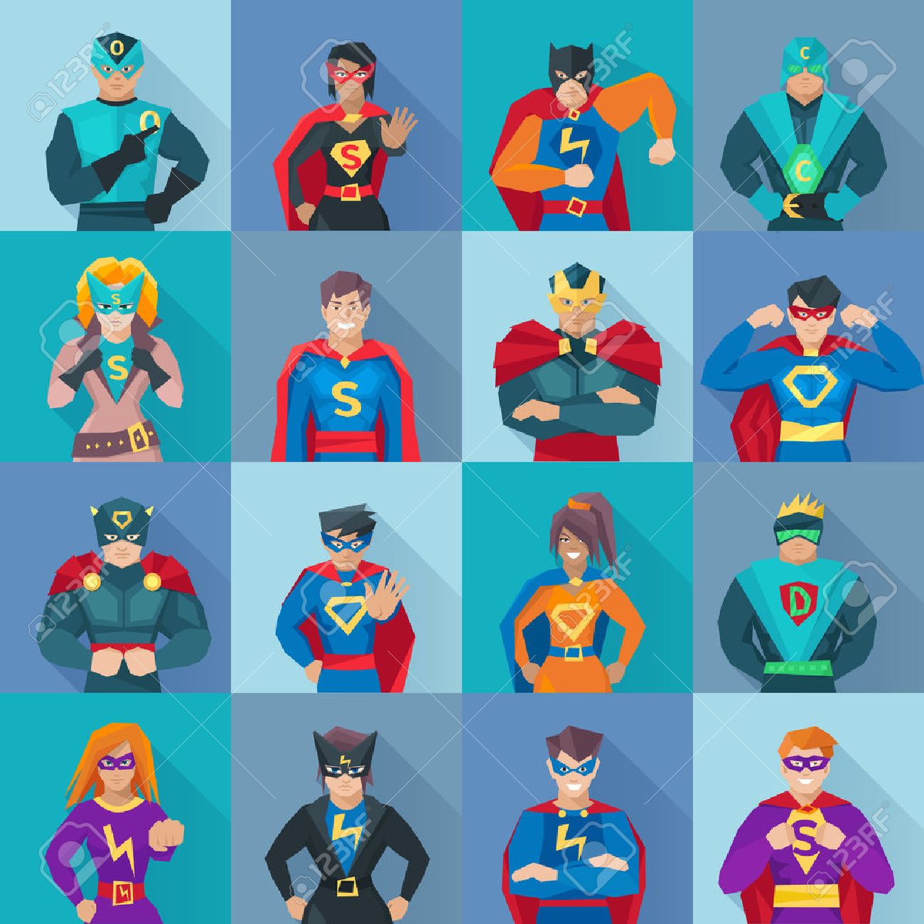 superhero square shadow icons set with power symbols flat isolated superhero power