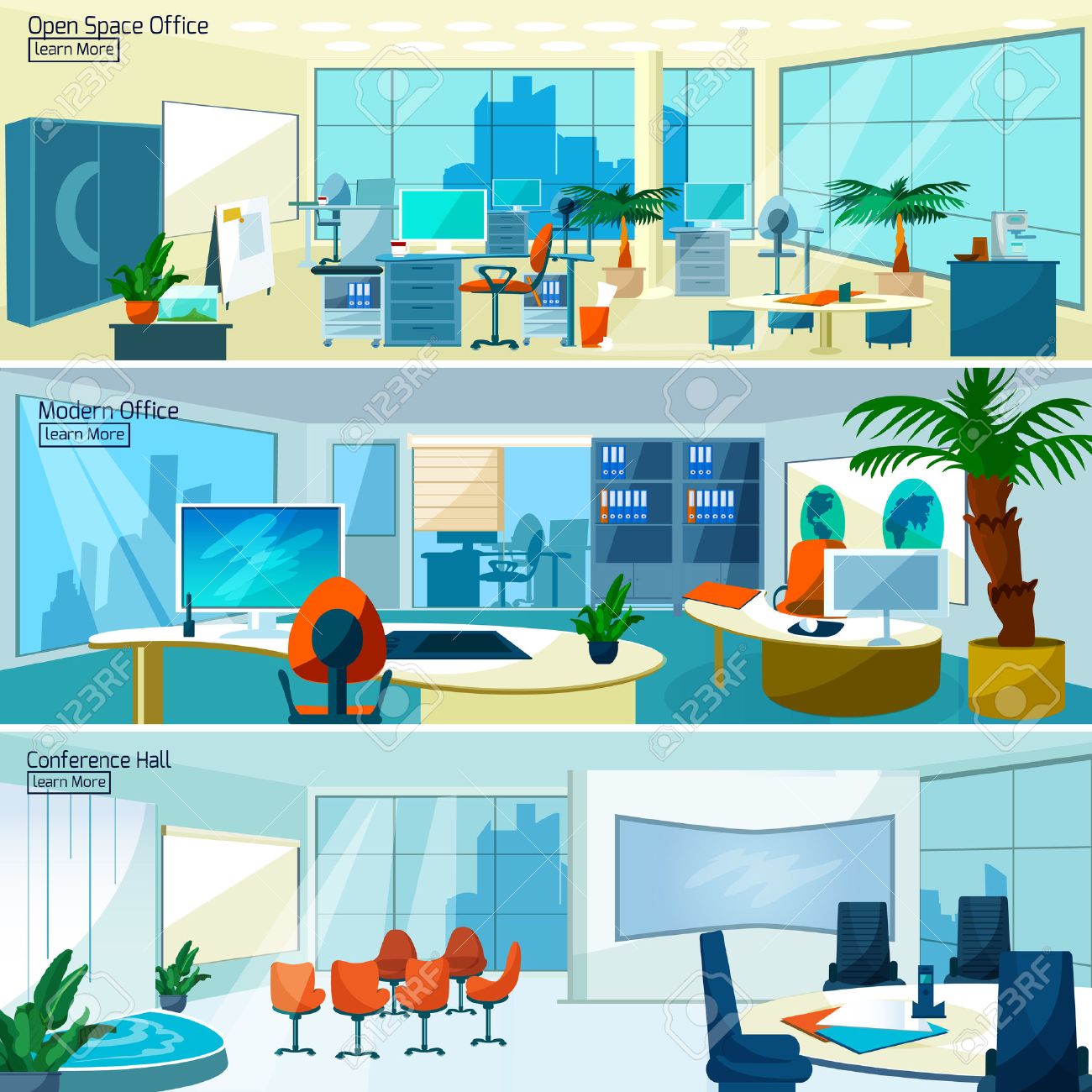 Office interiors horizontal banners set with conference hall and open space office with modern furniture vector illustration - 50704472 Office interiors horizontal banners set with conference hall and open space office with modern furniture vector illustration - 50704472
