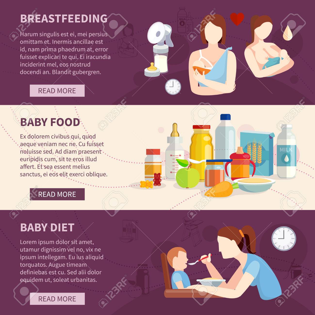 Information on babies breastfeeding and toddlers best food choices flat horizontal banners set abstract isolated vector illustration - 50704477 Information on babies breastfeeding and toddlers best food choices flat horizontal banners set abstract isolated vector illustration - 50704477