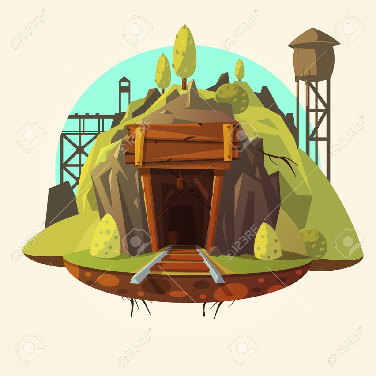 鉱山の鉄道漫画のベクトル図と入り口木製レトロ コンセプトをマイニングのイラスト素材 ベクタ Image