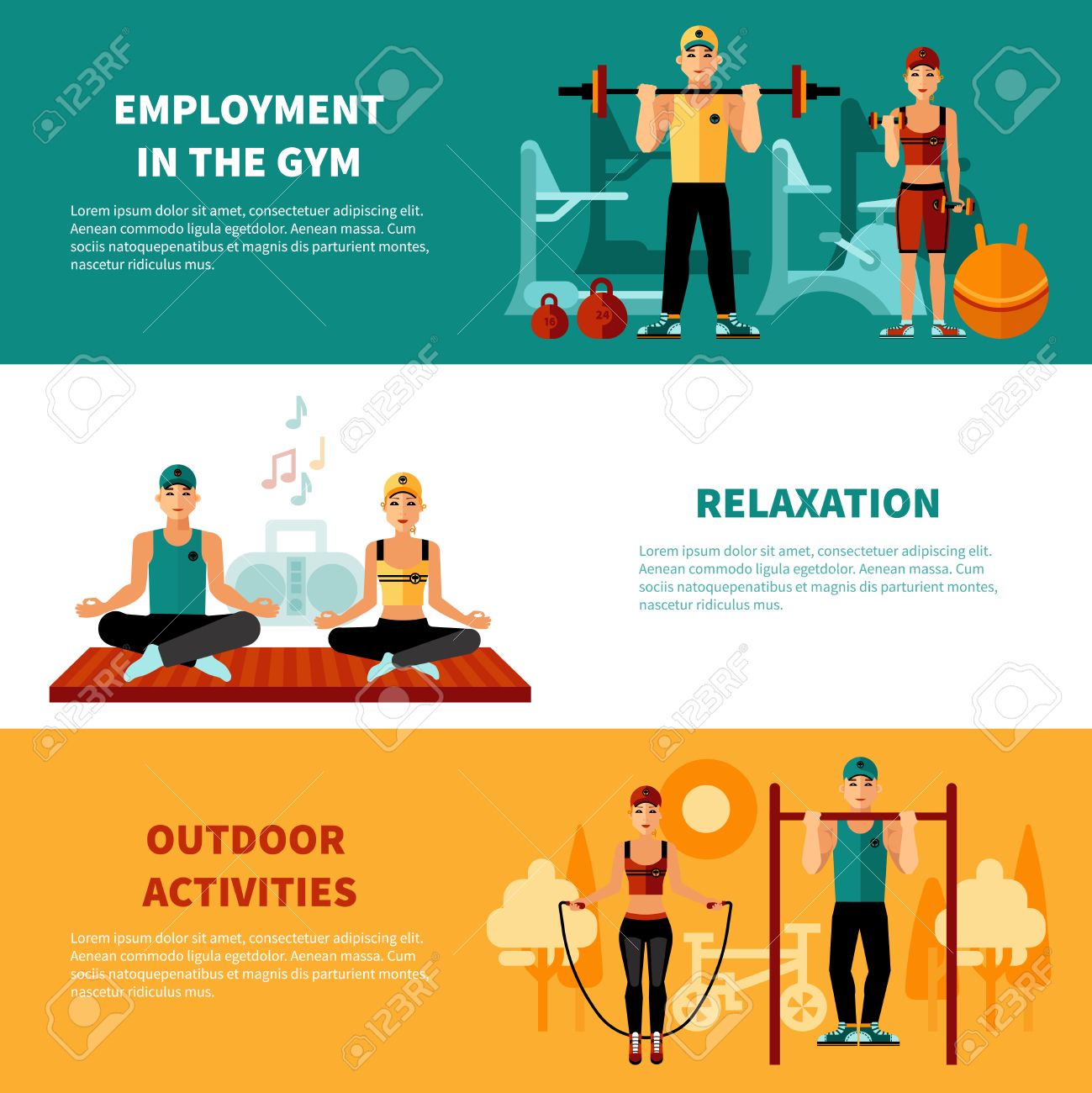 Fitness flat horizontal banners set with gym training relaxation exercises and outdoors activity compositions vector illustration - 51142730 Fitness flat horizontal banners set with gym training relaxation exercises and outdoors activity compositions vector illustration - 51142730