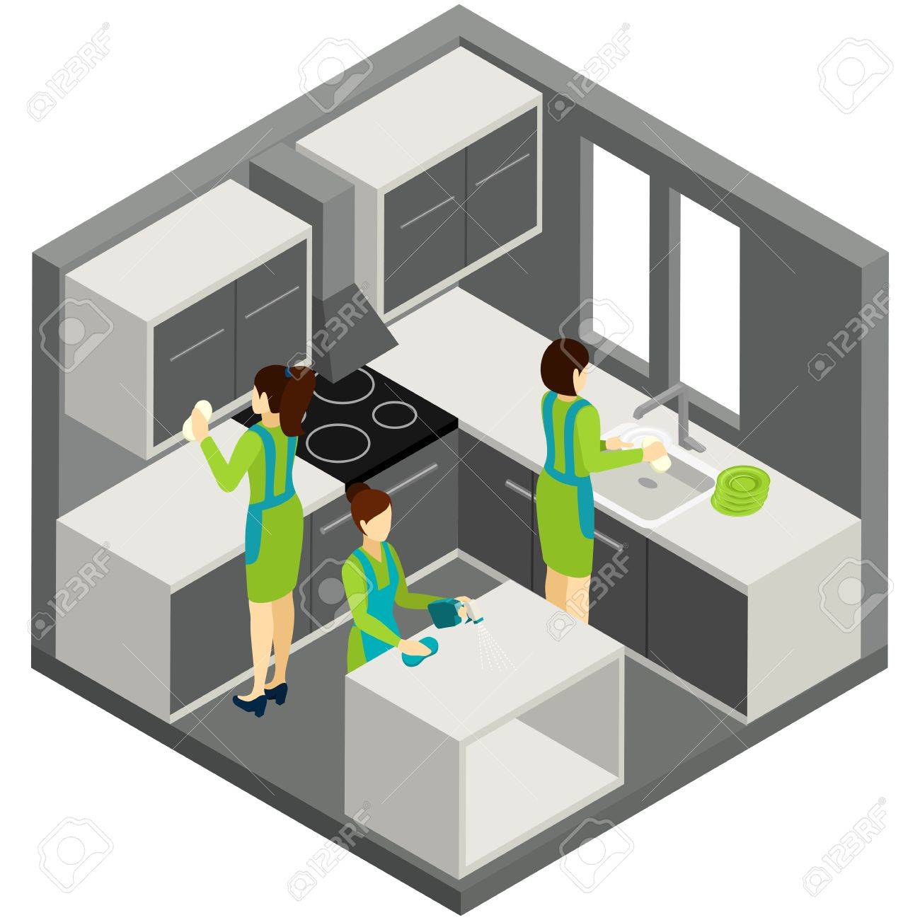 Professional residential maids in green uniforms providing quality kitchen cleaning services abstract isometric pictogram banner vector illustration - 51154666 Professional residential maids in green uniforms providing quality kitchen cleaning services abstract isometric pictogram banner vector illustration - 51154666
