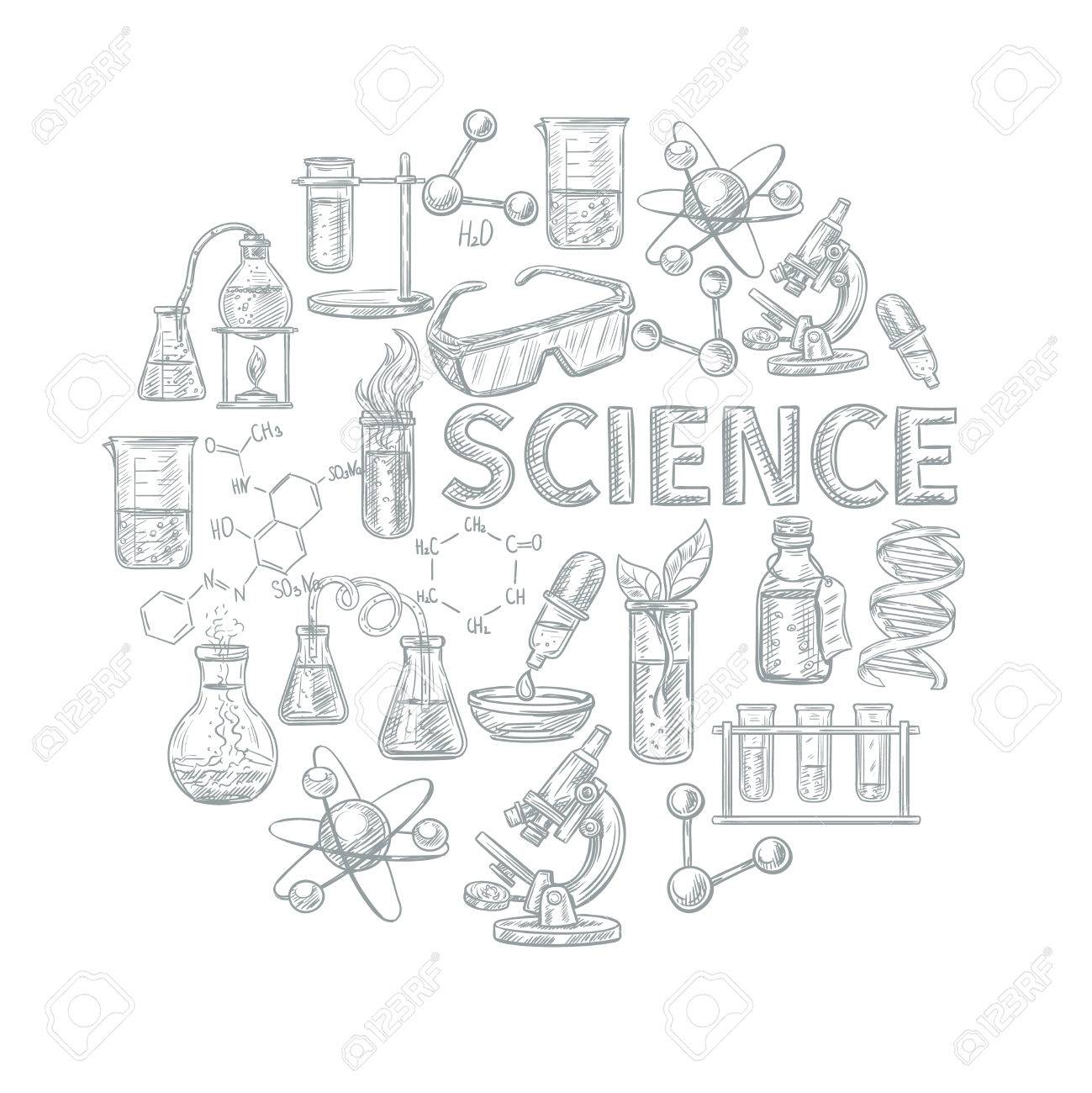 chemistry sketch concept with school learning and science symbols
