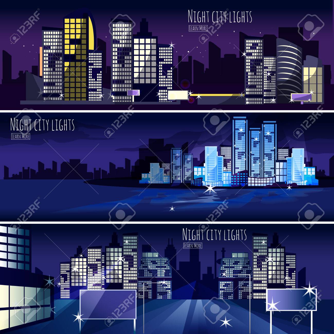 夜の街の灯夜景 3 インタラクティブな水平方向のバナー壁紙やウェブページ抽象的な分離ベクトル イラストの設定 のイラスト素材 ベクタ Image