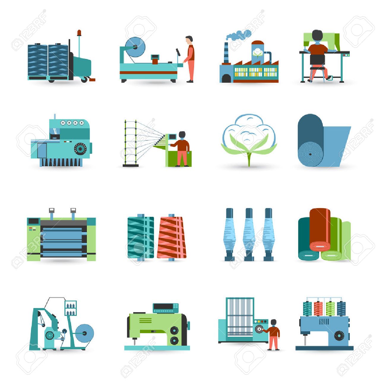 Textile manufacturing process flat icons collection with weaving yarn machinery equipment and clothes fabrication abstract isolated vector illustration - 51756578 Textile manufacturing process flat icons collection with weaving yarn machinery equipment and clothes fabrication abstract isolated vector illustration - 51756578