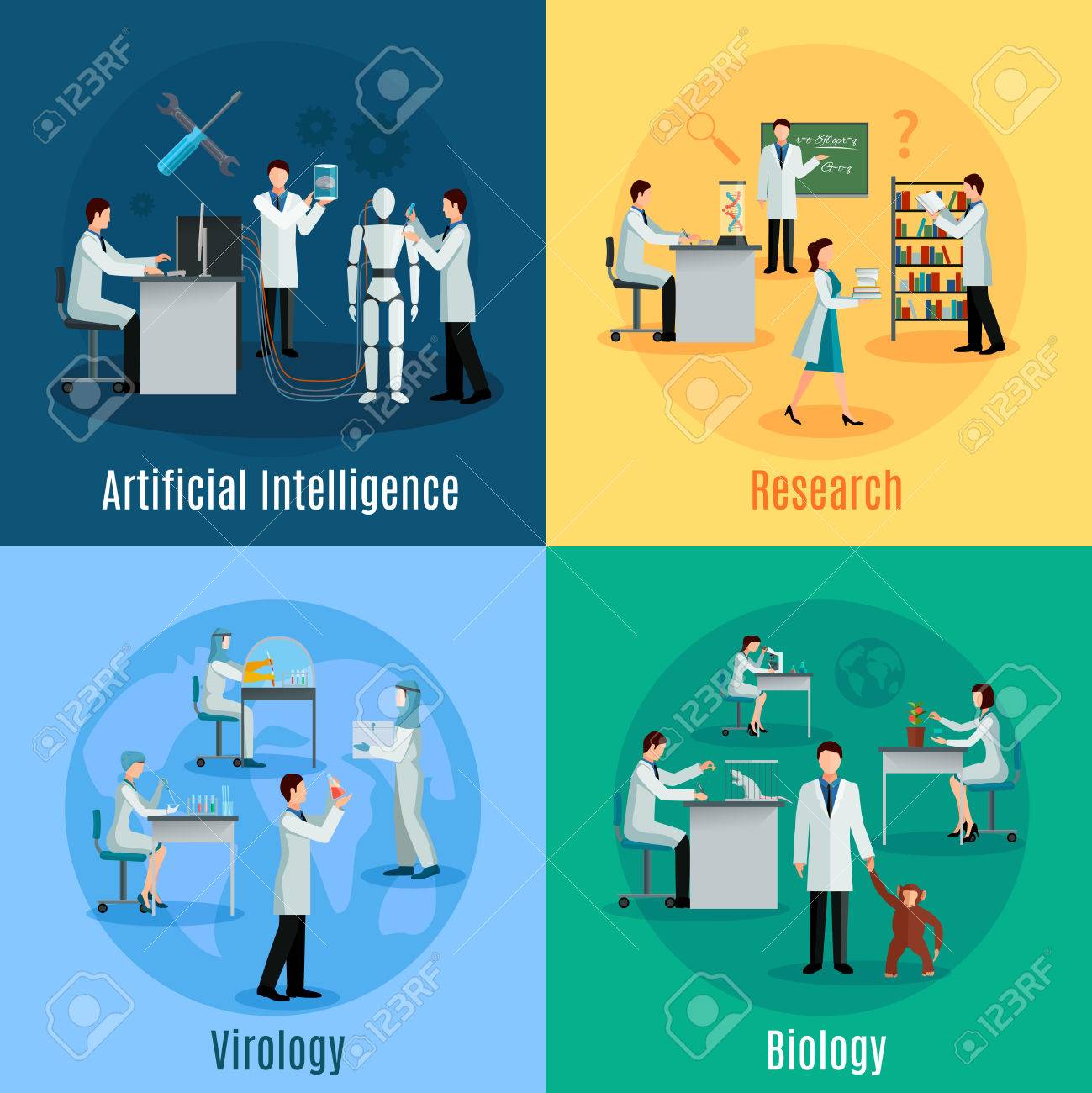 Scientists 2x2 design concept set with researchers in field of biology virology and artificial intelligence flat vector illustration - 51756688 Scientists 2x2 design concept set with researchers in field of biology virology and artificial intelligence flat vector illustration - 51756688