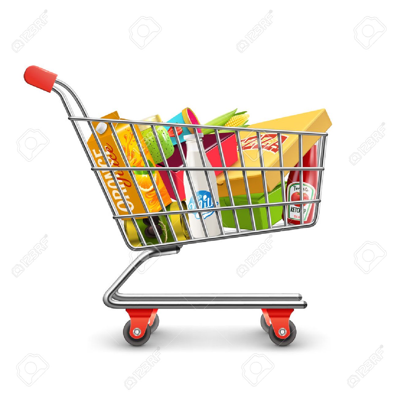 Self-service supermarket full shopping trolley cart with fresh grocery products and red handle realistic vector illustration - 52694854 Self-service supermarket full shopping trolley cart with fresh grocery products and red handle realistic vector illustration - 52694854