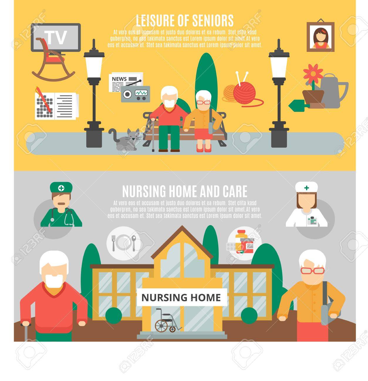 Horizontal flat banners presenting leisure of seniors and nursing home and care vector illustration - 52695115 Horizontal flat banners presenting leisure of seniors and nursing home and care vector illustration - 52695115