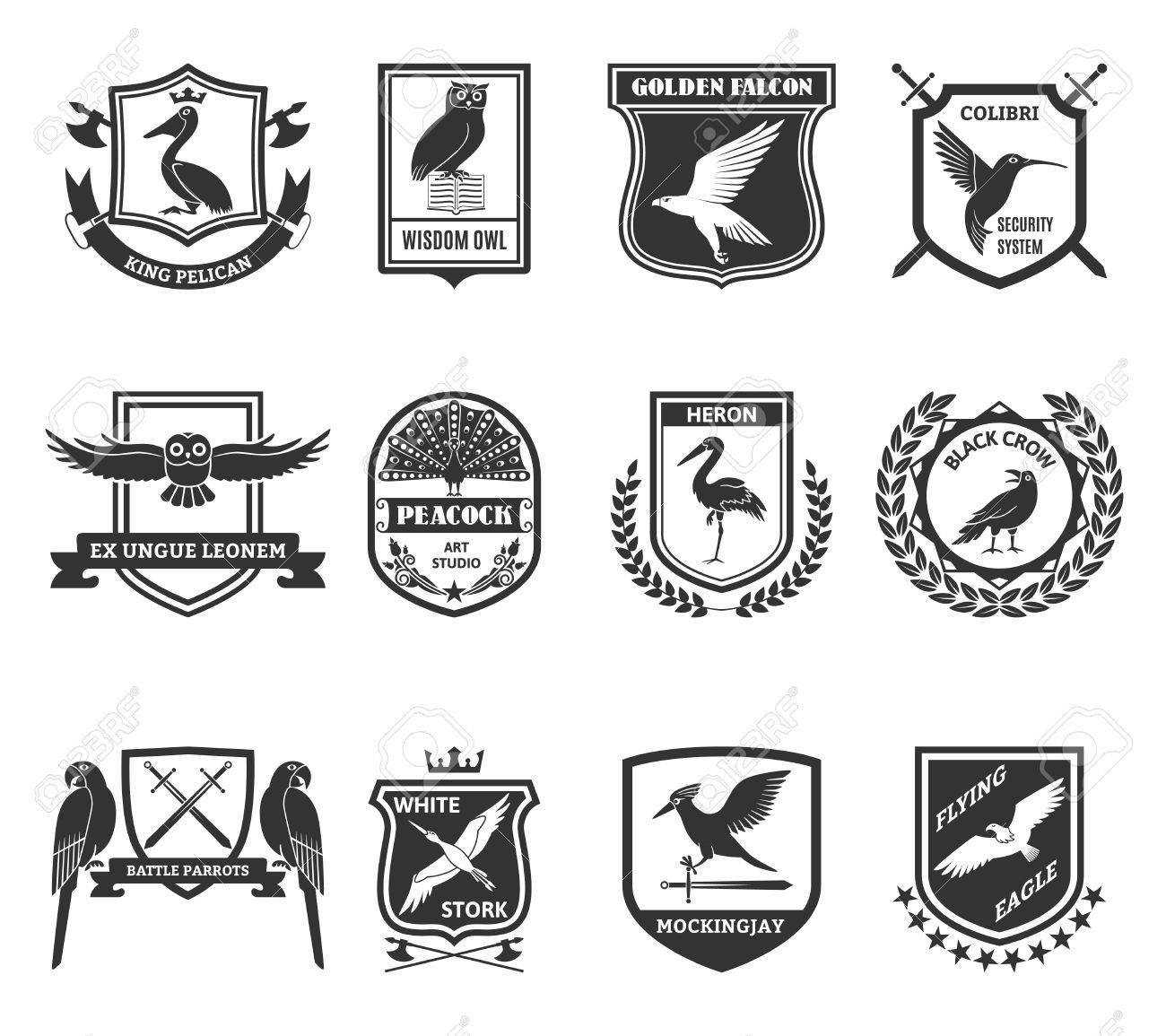Vettoriale Uccelli Nero Emblemi Di Raccolta Con Lo Scudo Sistema Di Sicurezza Colibri Colibri E L Etichetta Di Falco D Oro Astratto Isolato Illustrazione Vettoriale Image