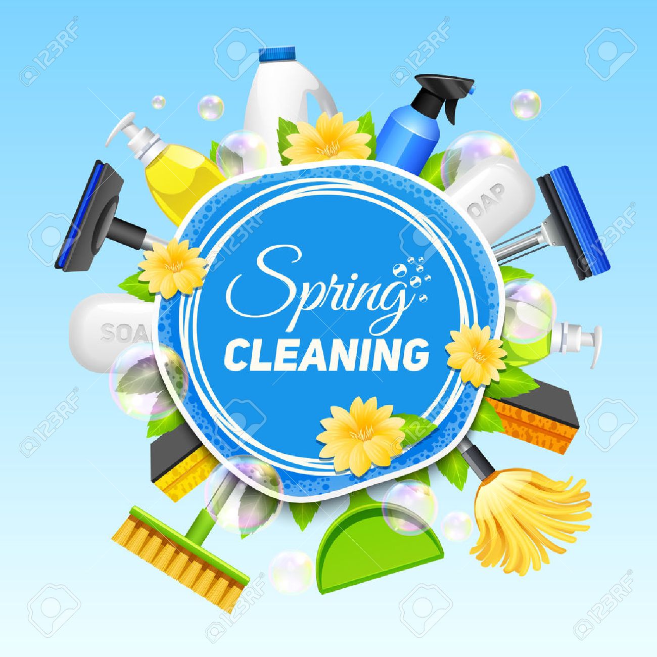 poster with composition of different tools for cleaning service different cleaning services
