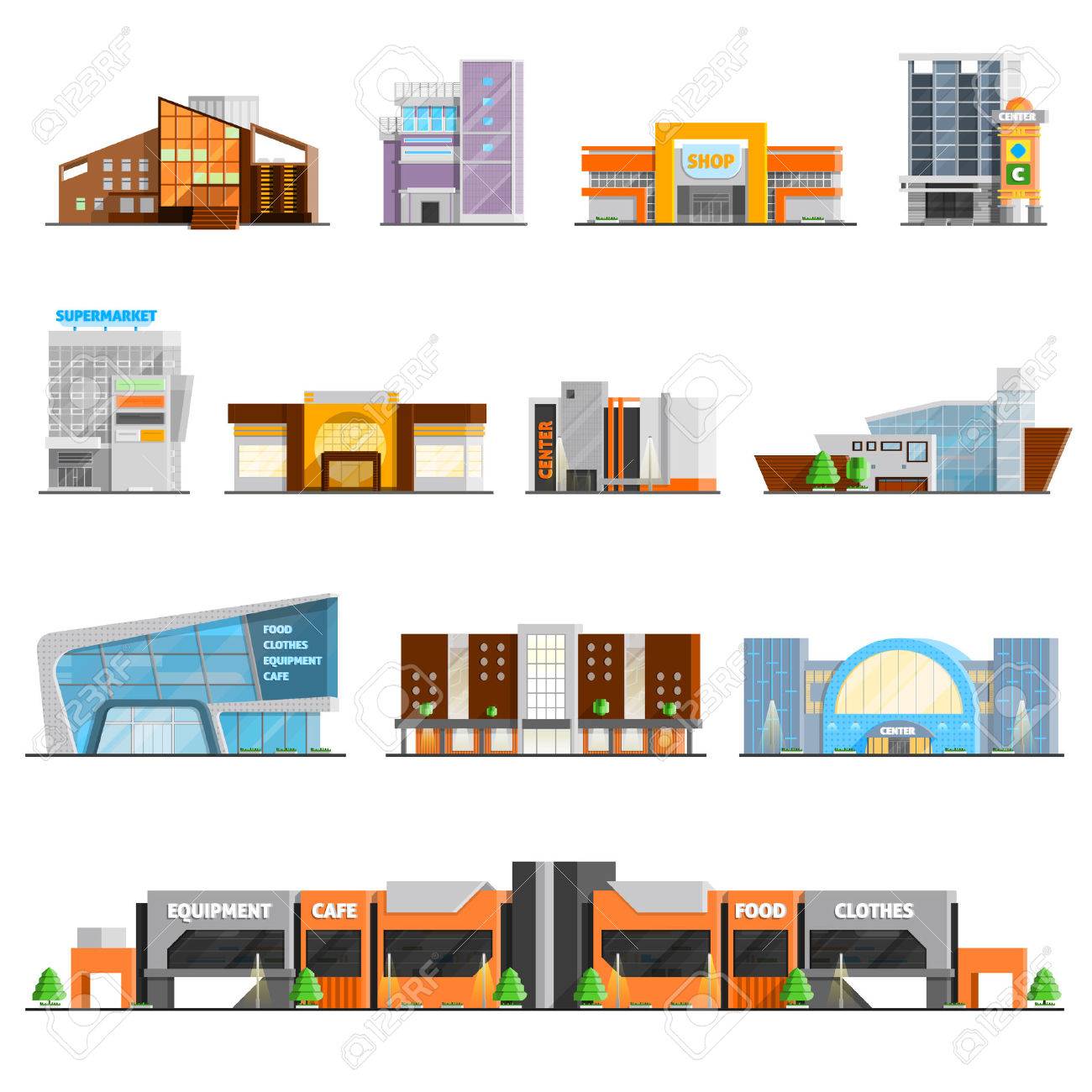 Shopping Mall Building Orthogonal Icons Set With Cafe And Clothes Symbols Flat Isolated Vector Illustration Royalty Free Cliparts Vectors And Stock Illustration Image