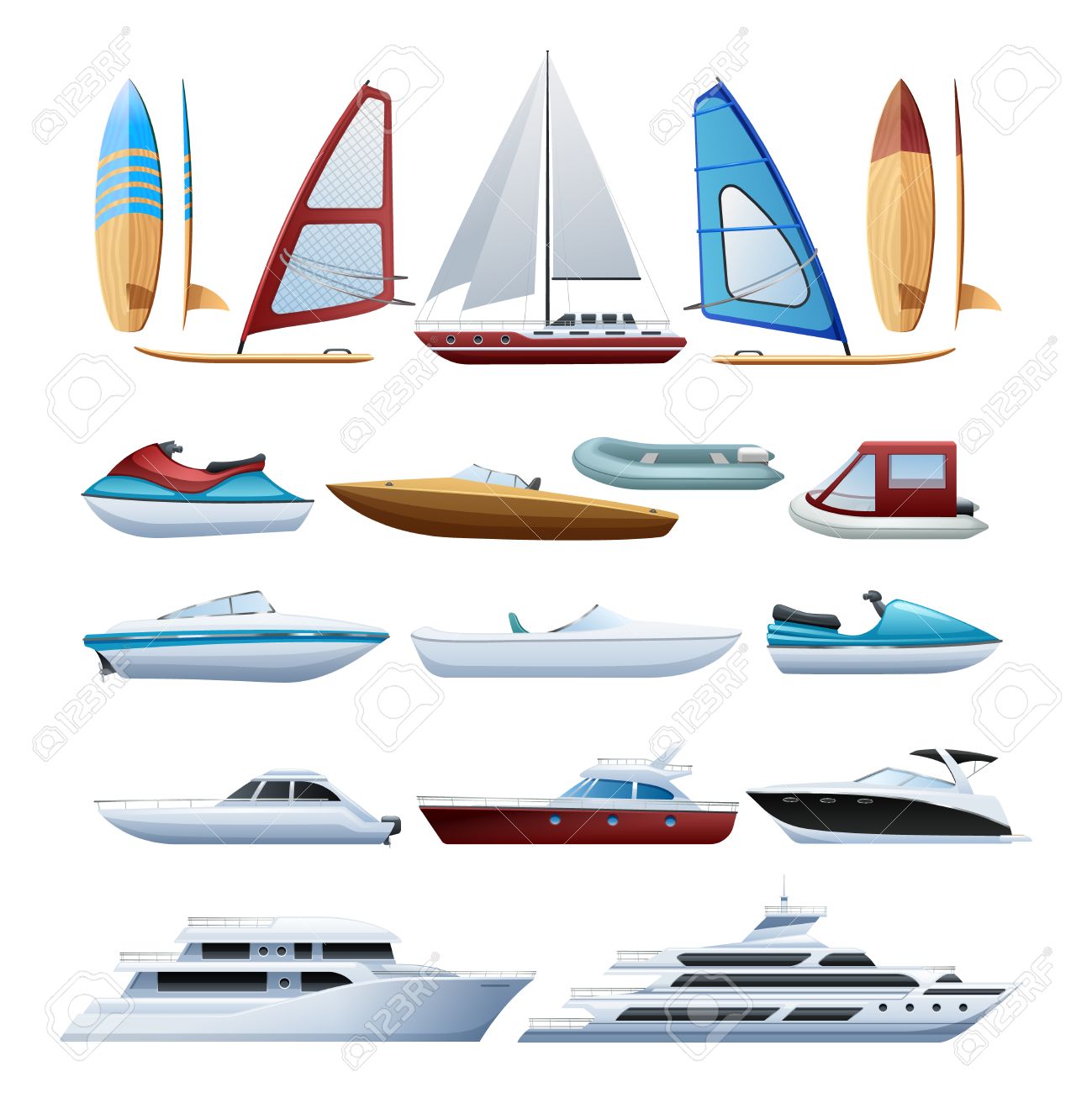 motor boats catamaran windsurfer and sailboat various types of