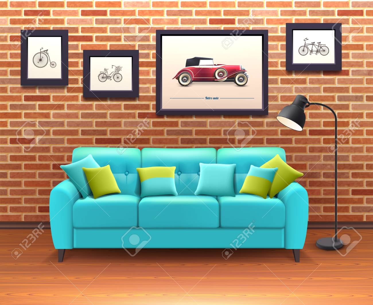 vibrant turquoise sofa with decorative pillows brings color in