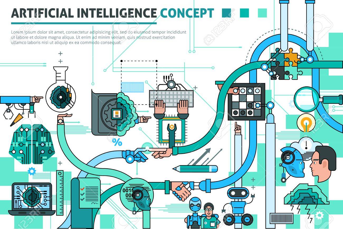 Artificial intelligence concept line composition with communication symbols flat vector illustration - 53875774 Artificial intelligence concept line composition with communication symbols flat vector illustration - 53875774