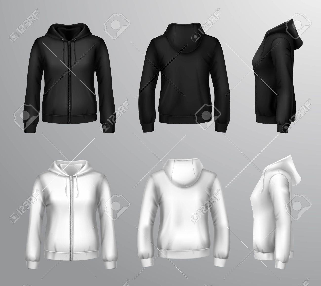 Realistische Schwarzen Und Weißen Kapuzen Sweatshirts Für Vektor Illustration Der Schwarzen Und Weißen Hoodie