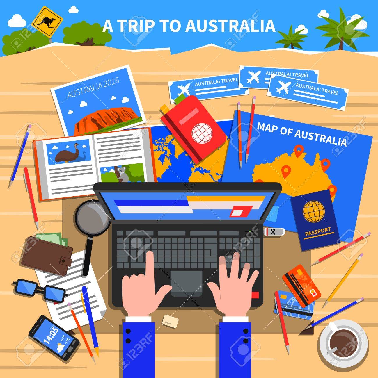 trip to australia concept with planning and calculating expenses