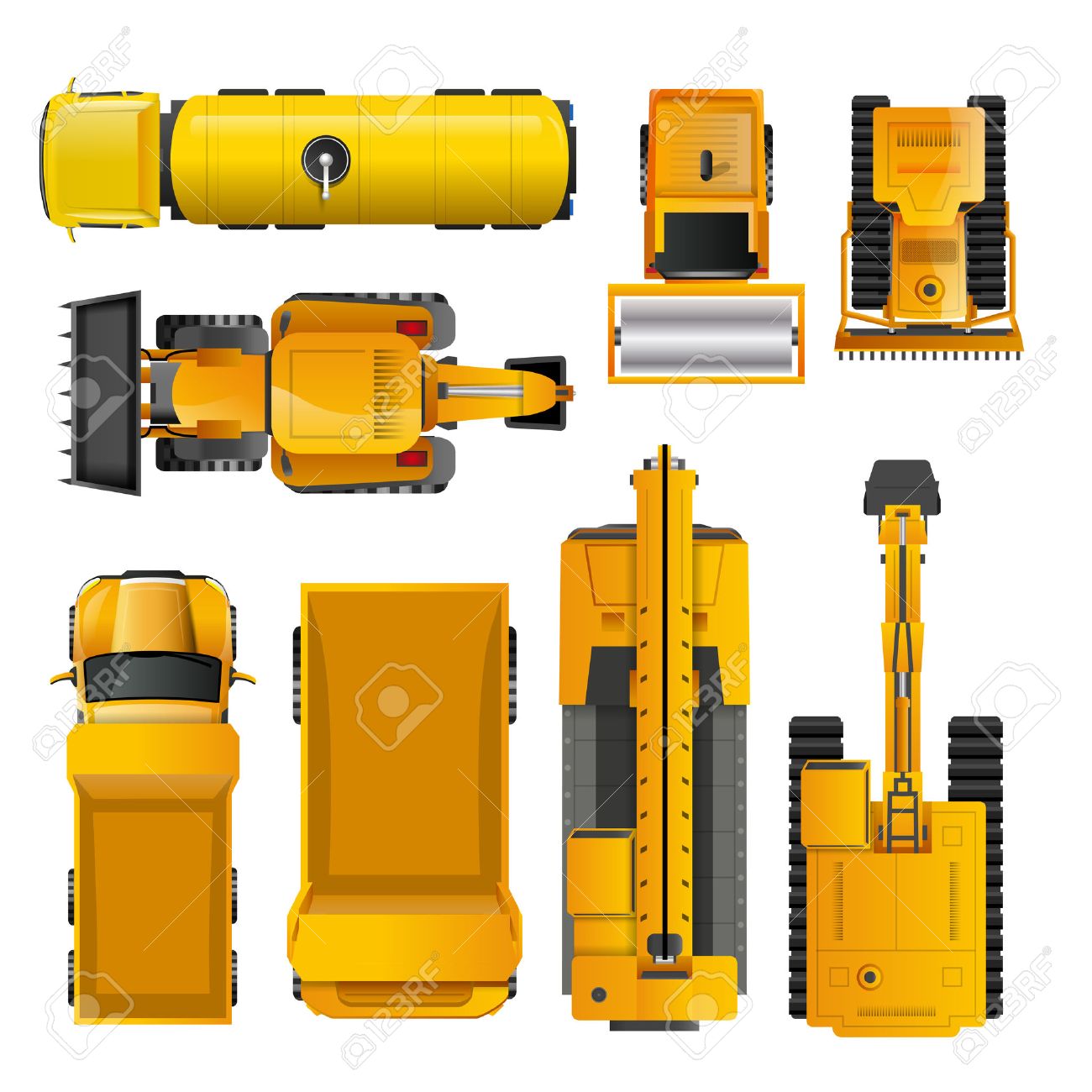 Set Of Yellow Realistic Construction Machinery Top View Isolated Vector Illustration Royalty Free Cliparts Vectors And Stock Illustration Image